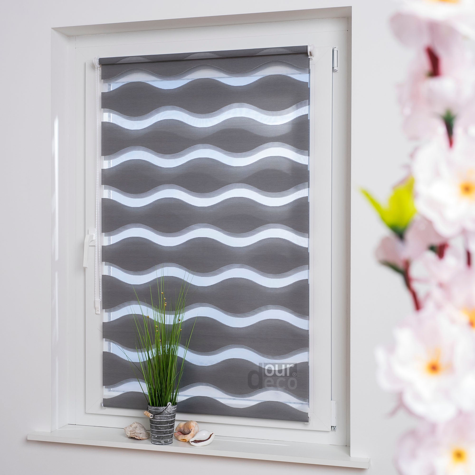 ourdeco® Doppel-Rollo Wave, Duo-Rollo, lichtdurchlässig, blickdicht, Montage ohne Bohren, verschiedene Farben und Größen
