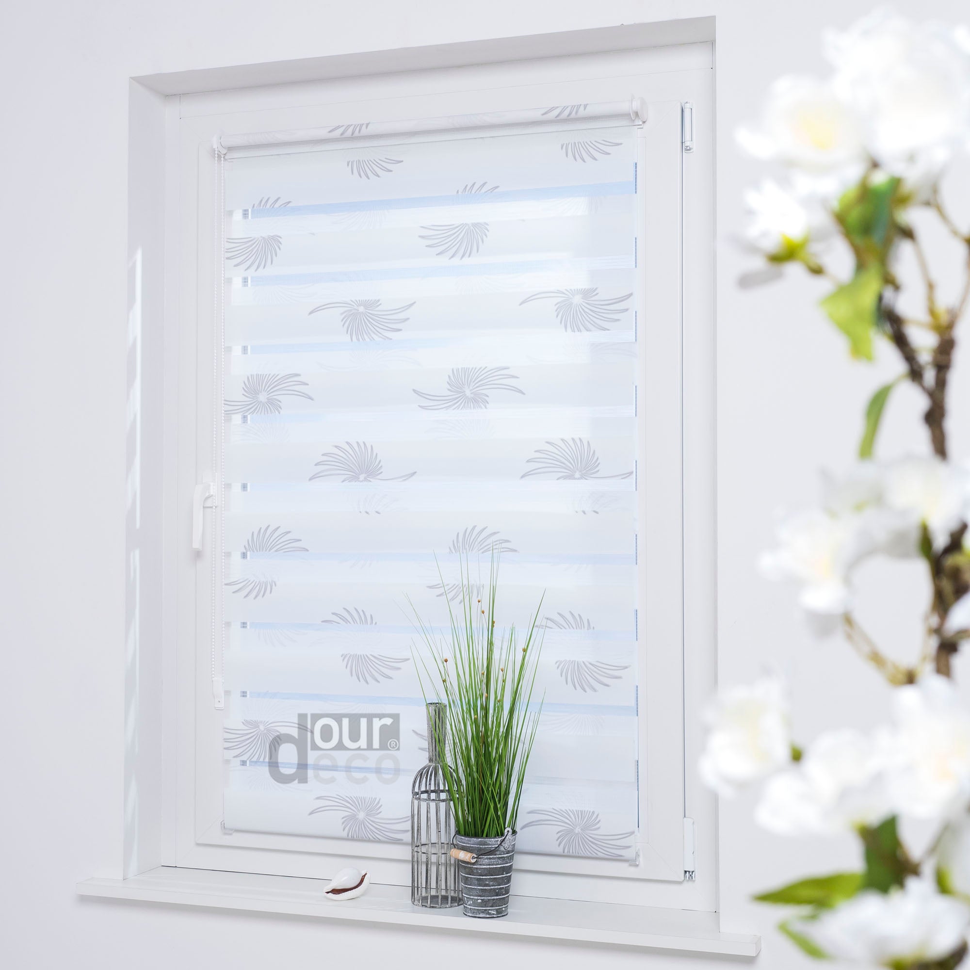 ourdeco® Doppel-Rollo Druckmotiv Blume oder Aster, Duo-Rollo, lichtdurchlässig, blickdicht, Montage ohne Bohren, verschiedene Größen